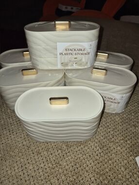 Stackable Plastic Storage Canisters with Gold Tabs  X 6